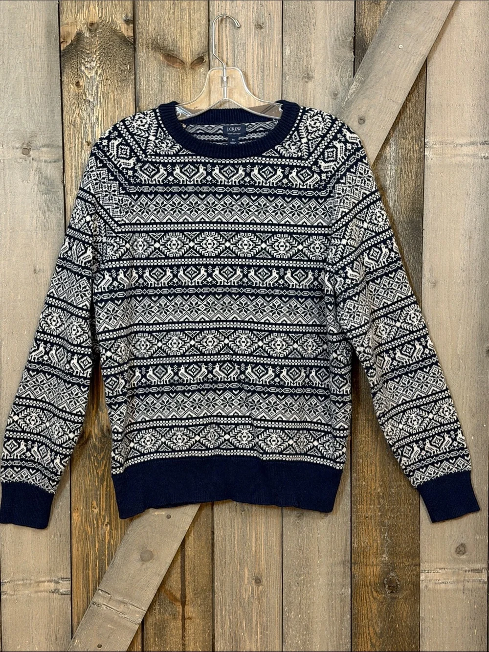 J.Crew Men’s Cotton Fair Isle Sweater Navy Ivory Nordic Ski Après Crewneck Med
